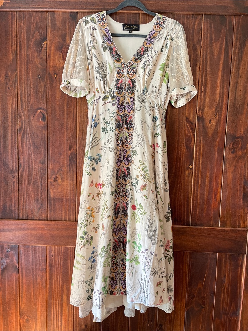Boho Floral Cream Midi Dress with Embroidered Panel By Geisha Designs